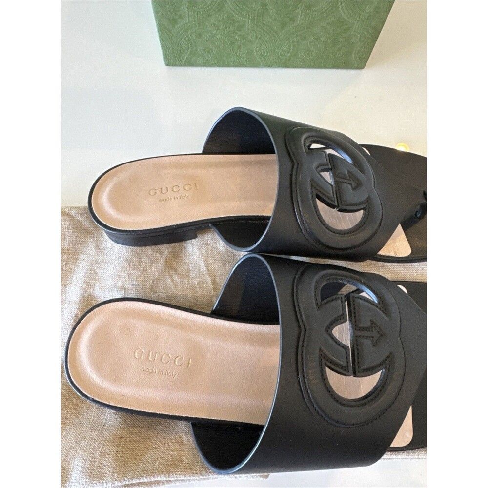 Gucci Black Leather GG Interlocking Cut Out Thong Sandals EU 38.5 US 8.5 - Picture 4 of 11